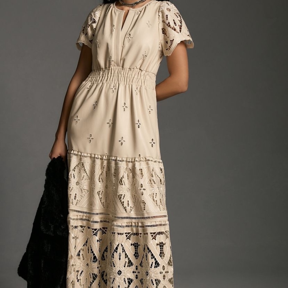Anthropologie Somerset Cream Flutter Sleeve pleather Maxi Dress